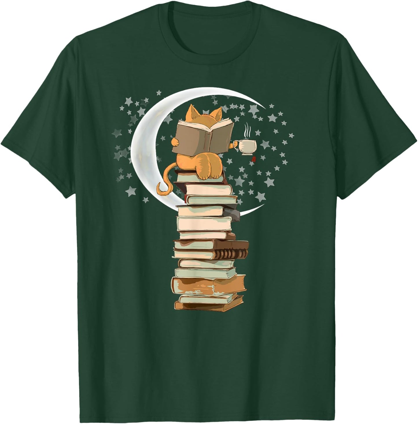 Kawaii Reading by moonlight, books, coffee and cute cat Men Women Girls Kids T-Shirt - T-Shirt | Forest
