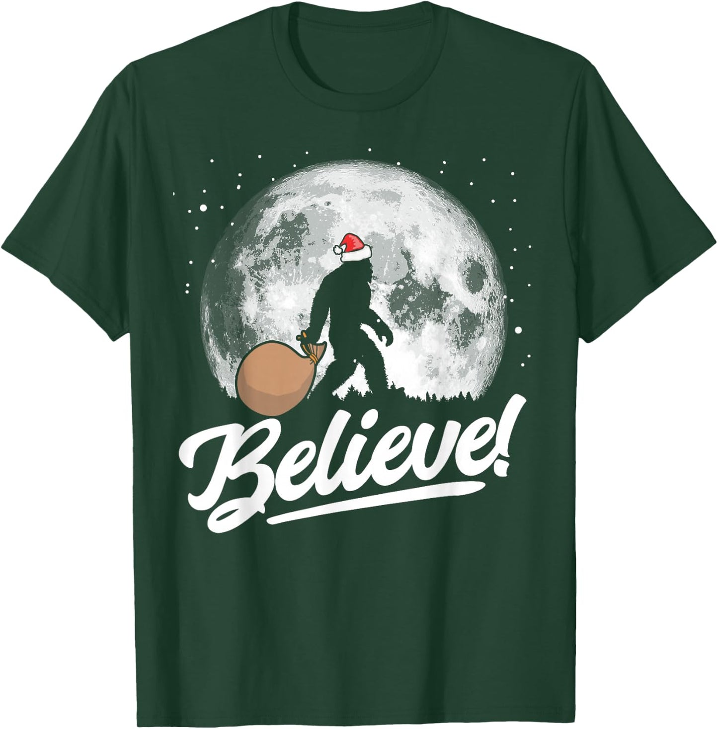 Believe! Santa Bigfoot Christmas Snow & Moon Night Graphic T-Shirt - T-Shirt | Forest