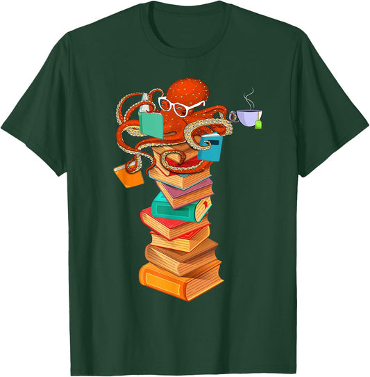 Reading Octopus Tea Coffee Book Lover Bookworm Reader Funny T-Shirt - T-Shirt | Forest