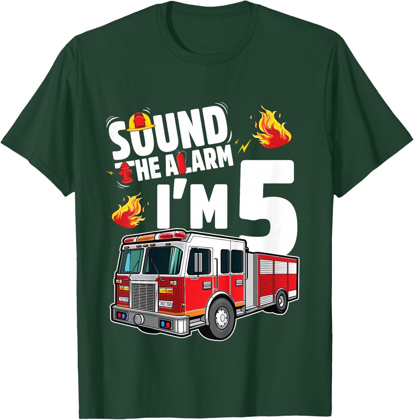 Fire Truck 5th Birthday Boy Firefighter 5 Year Old T-Shirt - T-Shirt | Forest