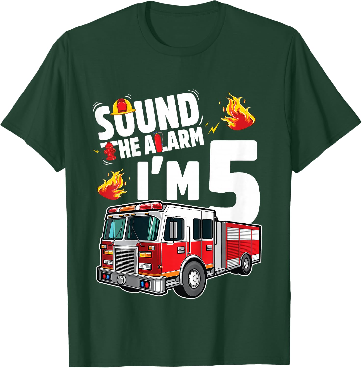 Fire Truck 5th Birthday Boy Firefighter 5 Year Old T-Shirt - T-Shirt | Forest