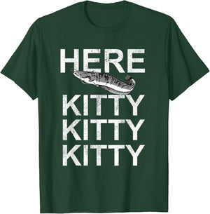Here Kitty | Cat Fisherman Angler Funny Fishing Lover T-Shirt - T-Shirt | Forest