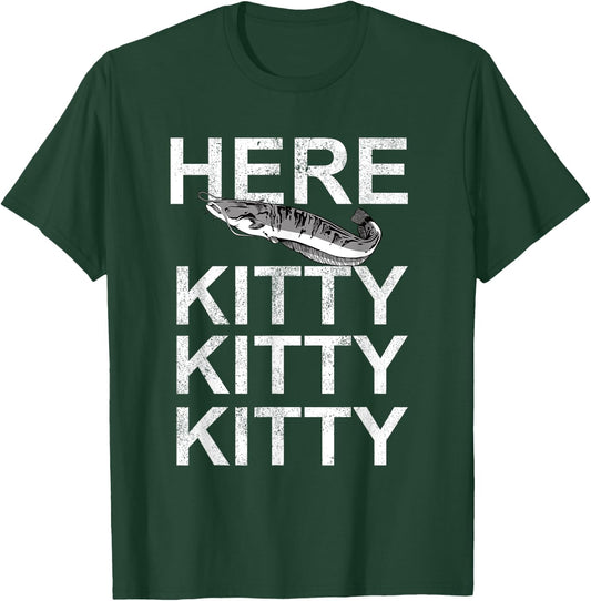 Here Kitty | Cat Fisherman Angler Funny Fishing Lover T-Shirt - T-Shirt | Forest
