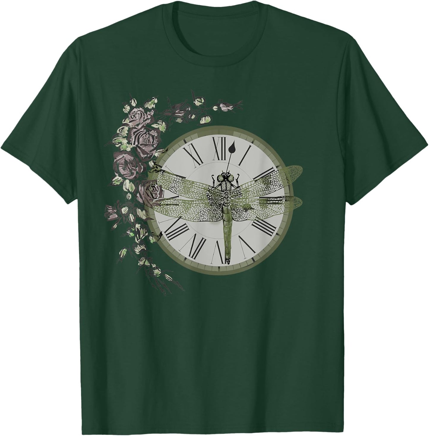 Dragonfly Resting on a Vintage Clock Adorned with Roses T-Shirt - T-Shirt | Forest