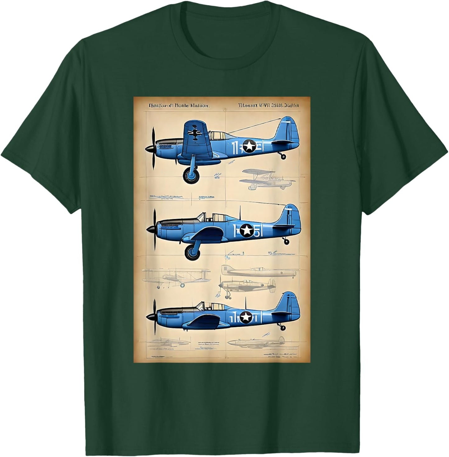 WW2 Military Aircraft Technical Drawing T-Shirt - T-Shirt | Forest