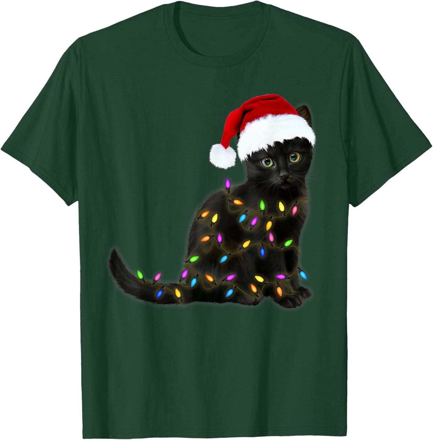 Black Cat with Christmas Light Funny Cat Lover Christmas T-Shirt - T-Shirt | Forest