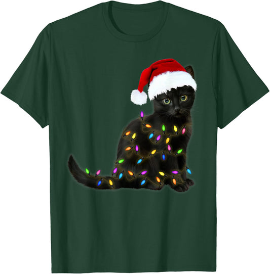 Black Cat with Christmas Light Funny Cat Lover Christmas T-Shirt - T-Shirt | Forest