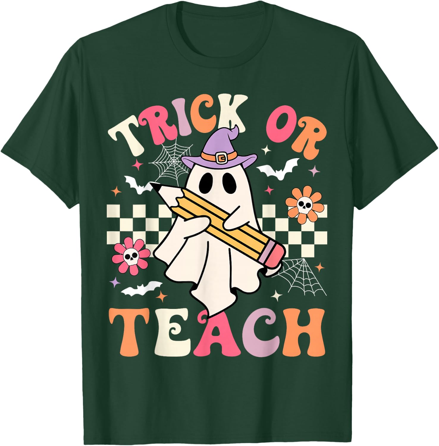 Trick Or Teach Groovy Teacher Halloween Retro Floral Ghost T-Shirt - T-Shirt | Forest