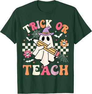 Trick Or Teach Groovy Teacher Halloween Retro Floral Ghost T-Shirt - T-Shirt | Forest
