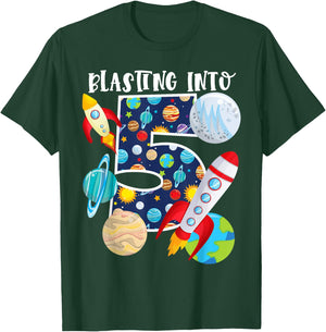 Blasting Into Outer Space 5 Year Old 5th Birthday Party Kids T-Shirt - T-Shirt | Forest