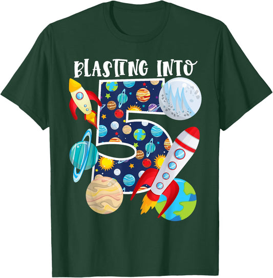 Blasting Into Outer Space 5 Year Old 5th Birthday Party Kids T-Shirt - T-Shirt | Forest