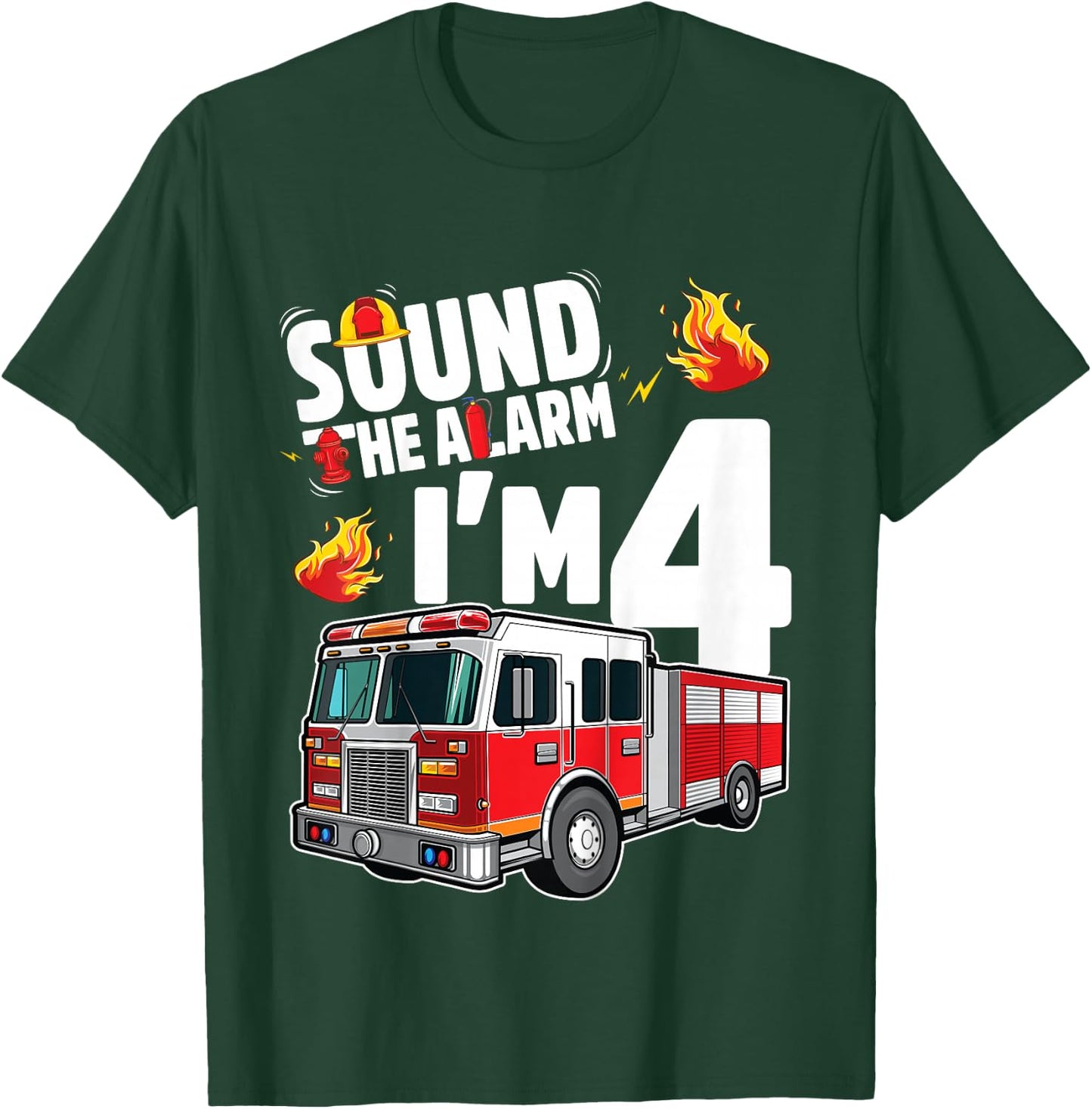 Fire Truck 4th Birthday Boy Firefighter 4 Year Old T-Shirt - T-Shirt | Forest