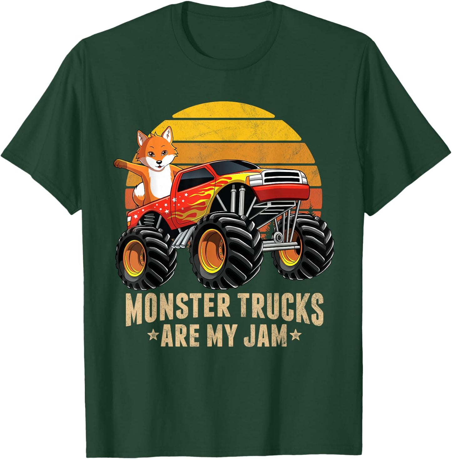 Vintage Fox Monster Truck Are My Jam Retro Sunset Boys Gift T-Shirt - T-Shirt | Forest