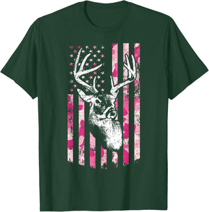 Whitetail Buck Deer Hunting Pink Camo American Flag T-Shirt - T-Shirt | Forest