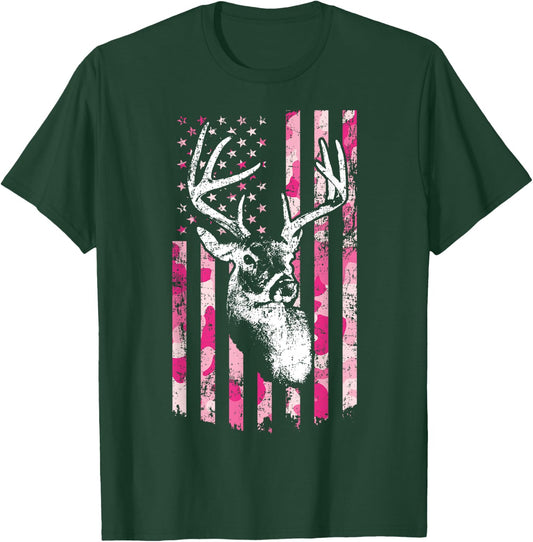 Whitetail Buck Deer Hunting Pink Camo American Flag T-Shirt - T-Shirt | Forest