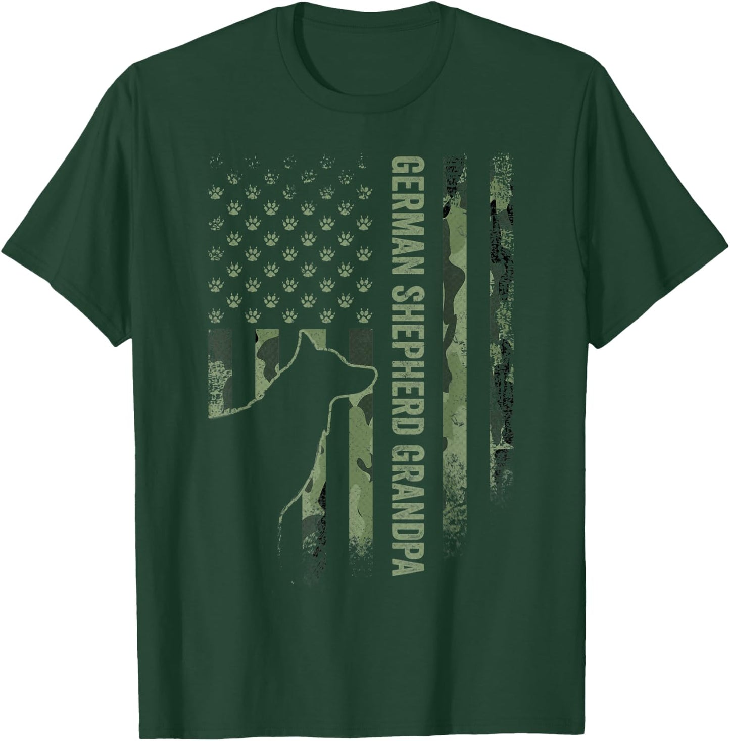 American Camo Flag Proud German Shepherd Grandpa Silhouette T-Shirt - T-Shirt | Forest