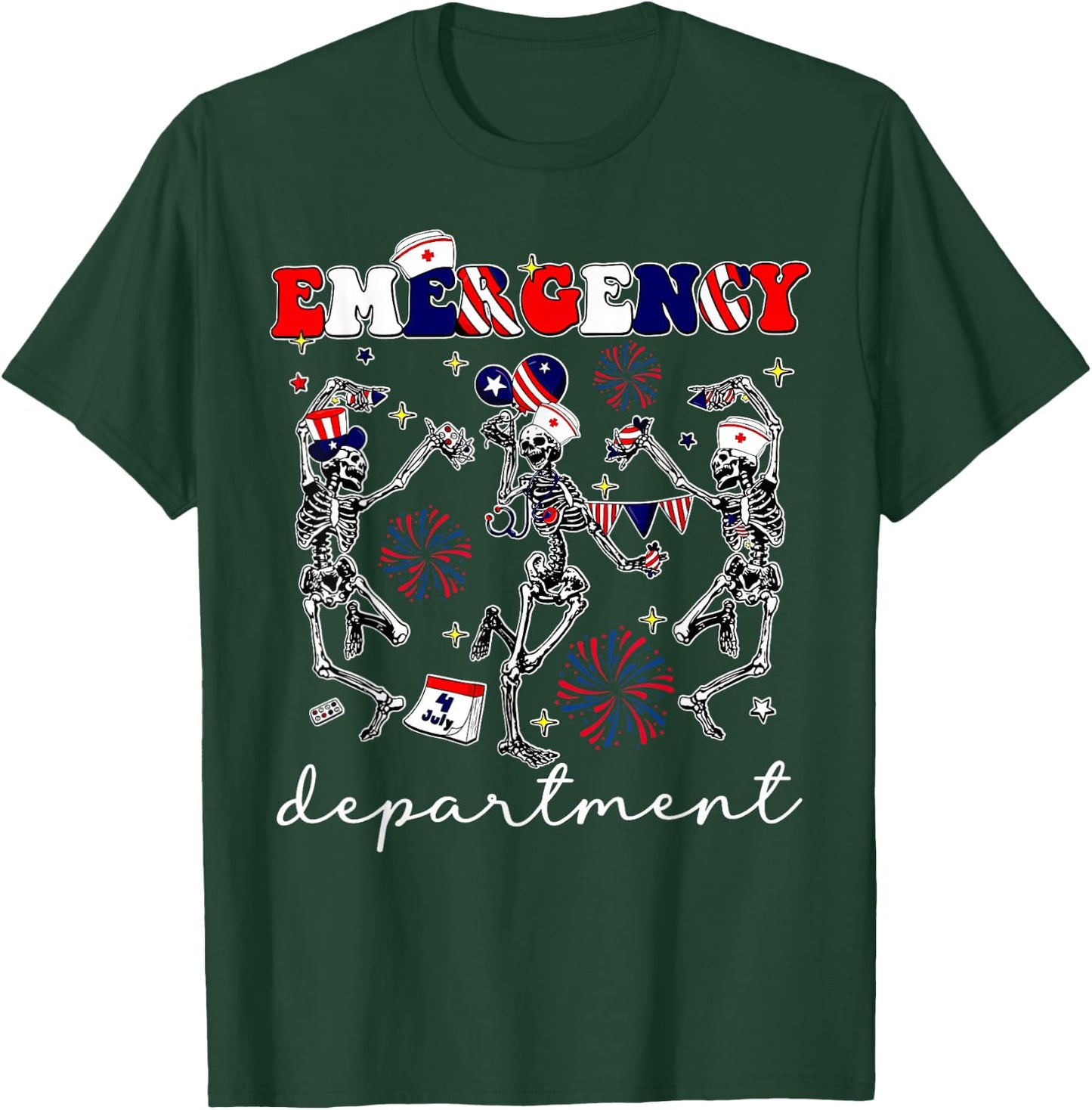 Emergency Department Skeleton Dancing ER Nurse 4th Of July T-Shirt - T-Shirt | Forest