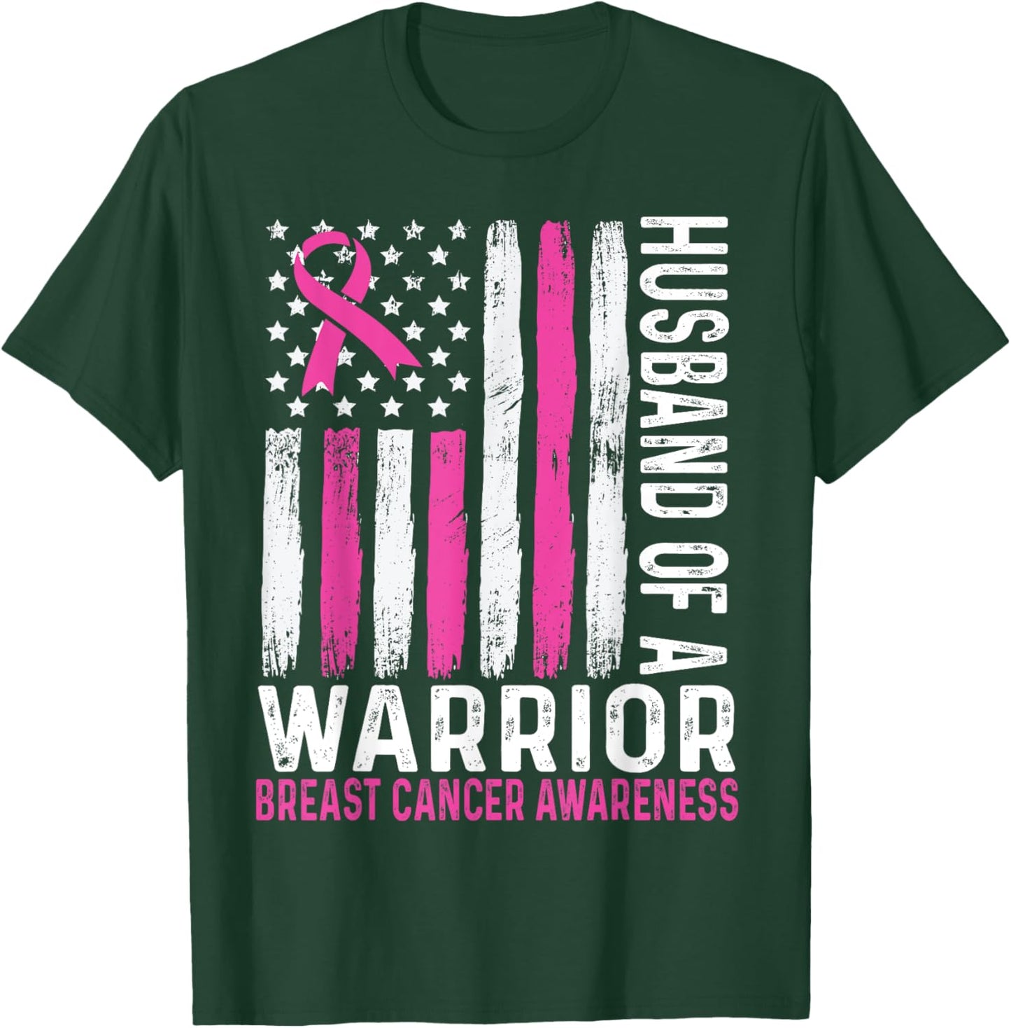 Husband of a Warrior Cancer USA American Flag Breast Cancer T-Shirt - T-Shirt | Forest