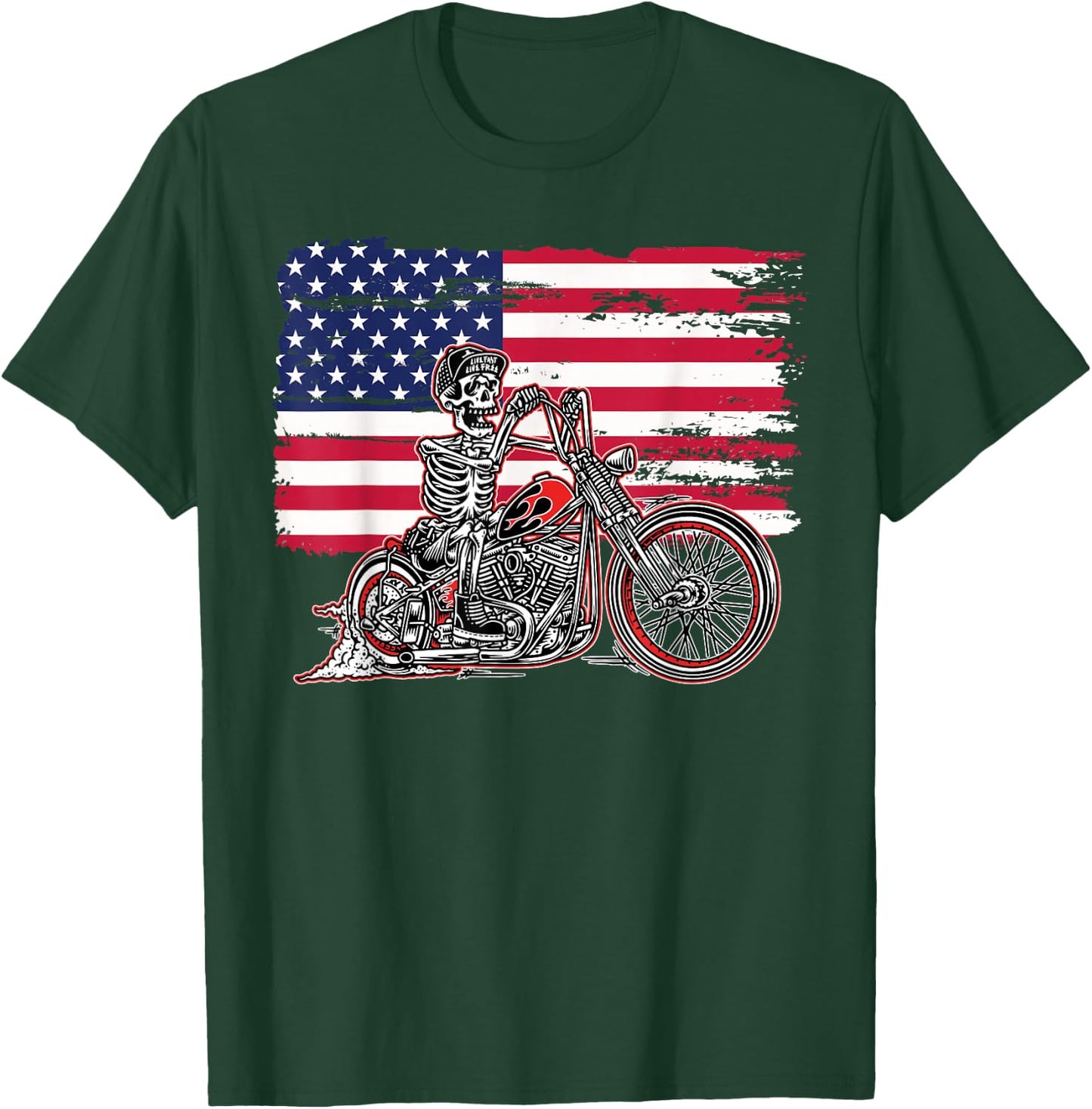 American Flag Motorcycle Skeleton Biker Bobber Chopper Rider T-Shirt - T-Shirt | Forest