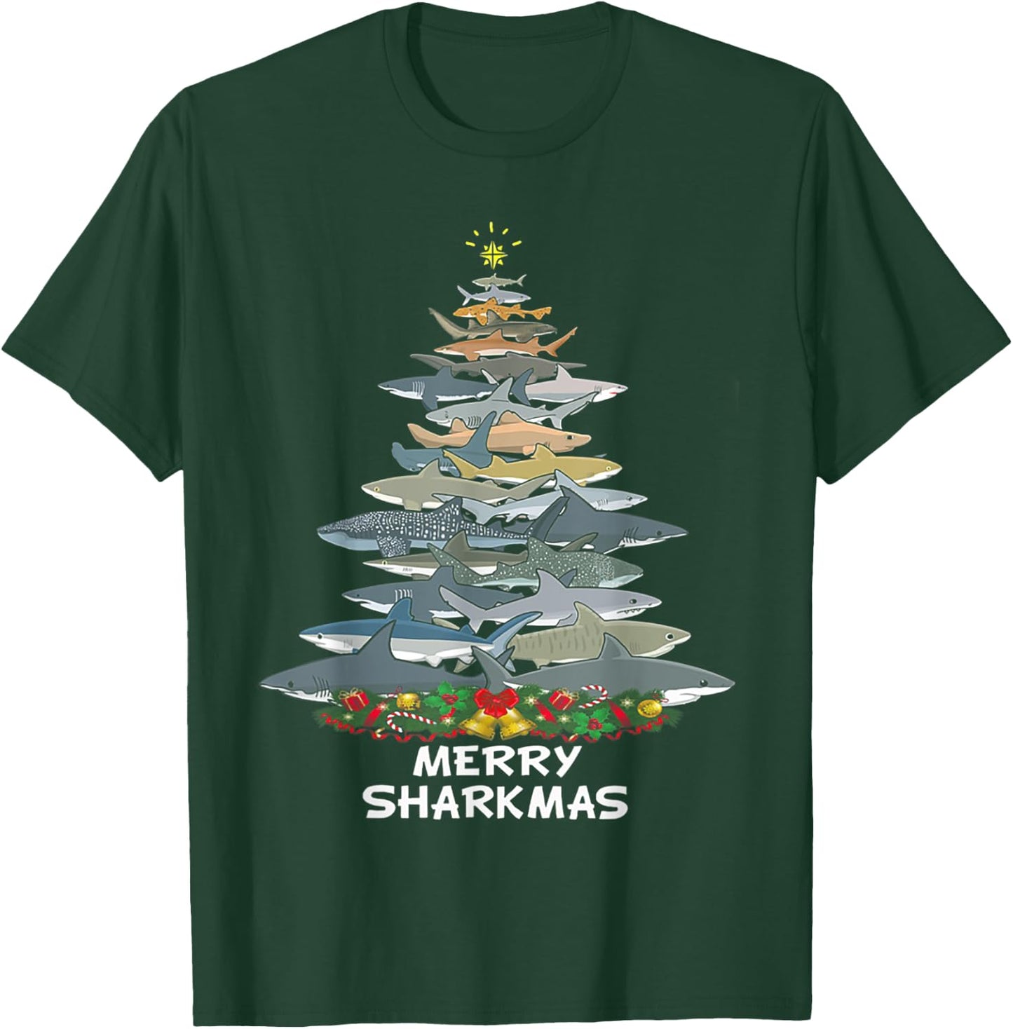 Merry Sharkmas Funny Shark Tree Xmas T-Shirt - T-Shirt | Forest