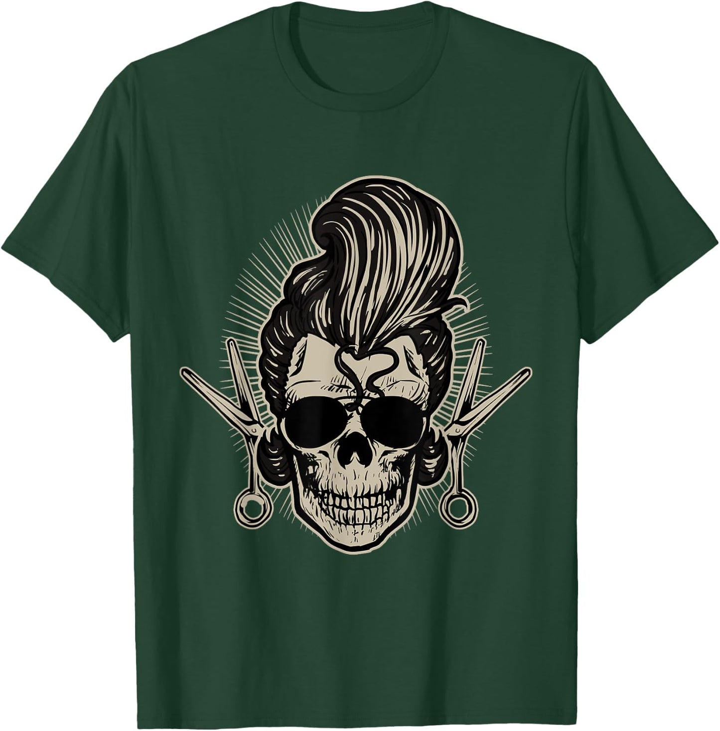 Rockabilly Skull Barber Scissors Biker Rock Music Pin Up T-Shirt - T-Shirt | Forest
