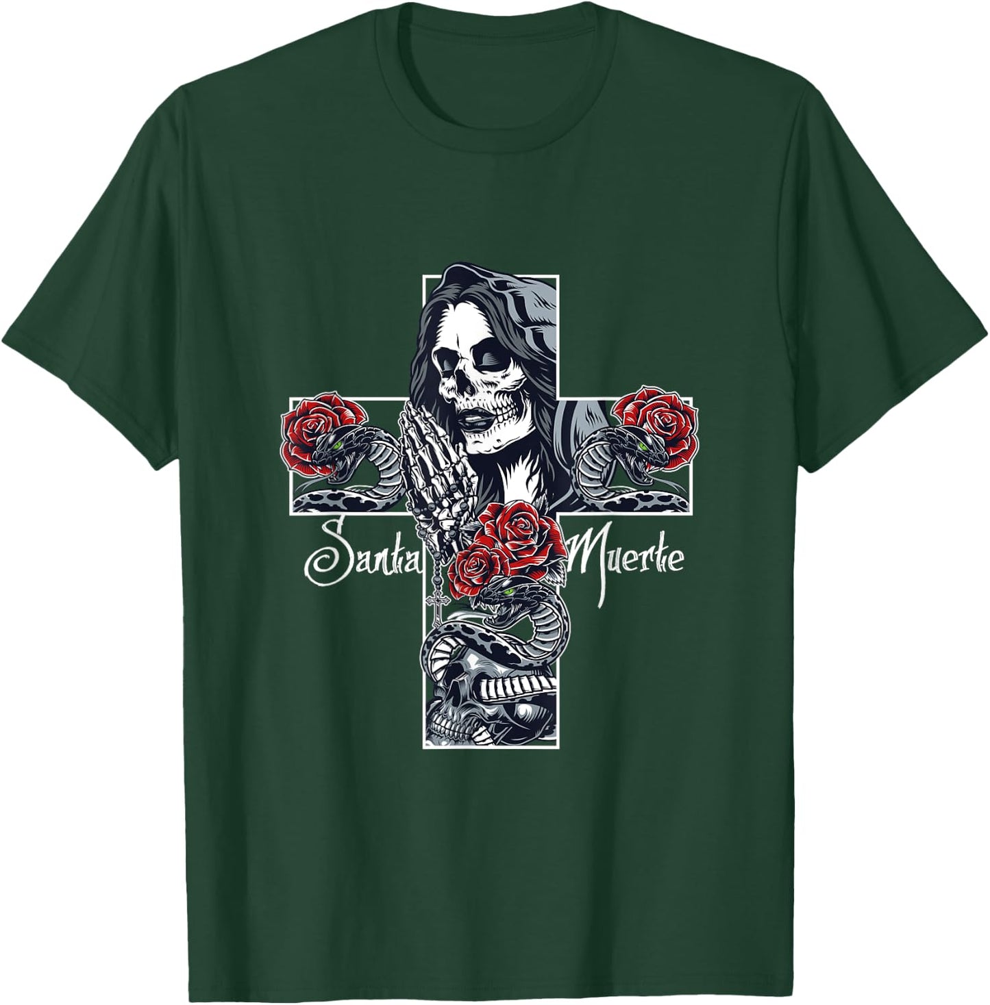Skull Santa Muerte Cross T-Shirt - T-Shirt | Forest