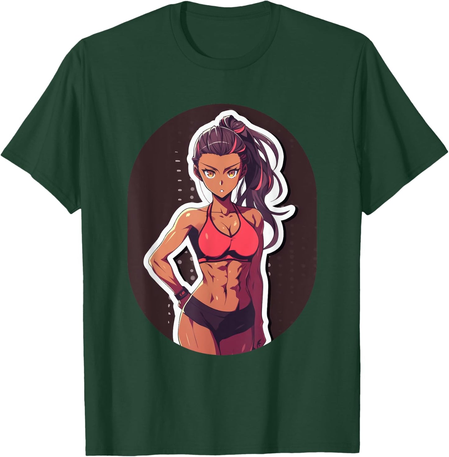 Dark Skin Anime & Manga Style Gym Girl Posing in Gym Clothes T-Shirt - T-Shirt | Forest