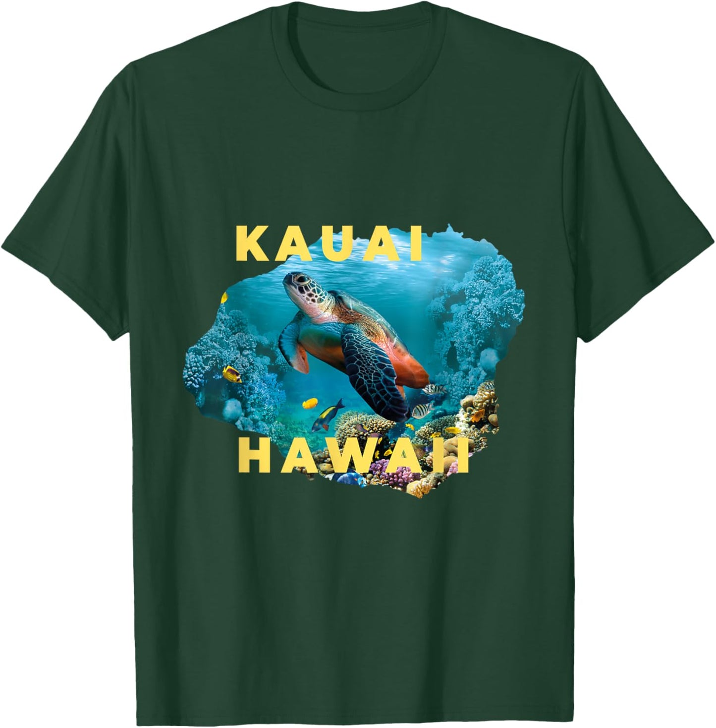 Sea Turtle Inside Kauai Island Map Hawaii Scuba Diving Surf T-Shirt - T-Shirt | Forest