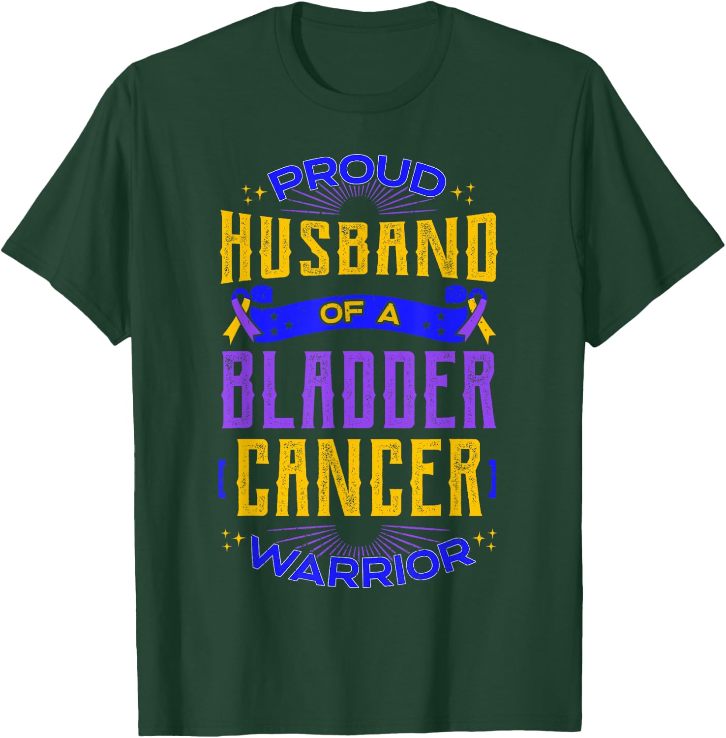 Proud Husband Bladder Cancer Purple Blue And Yellow Ribbon T-Shirt - T-Shirt | Forest