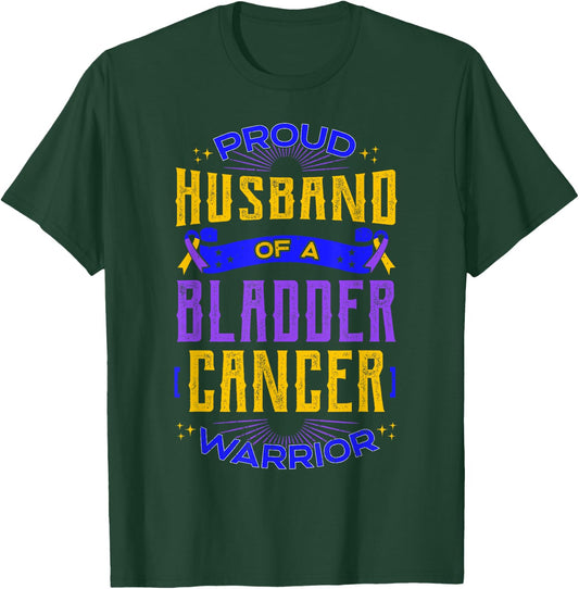 Proud Husband Bladder Cancer Purple Blue And Yellow Ribbon T-Shirt - T-Shirt | Forest