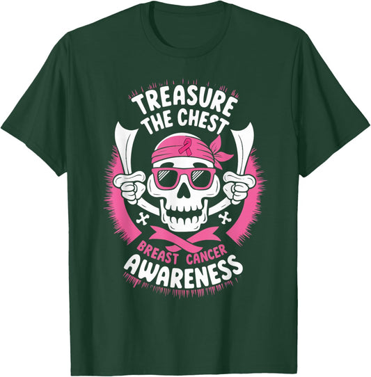 Pink Ribbon Breast Cancer Pirate Skull Treasure the Chest T-Shirt - T-Shirt | Forest