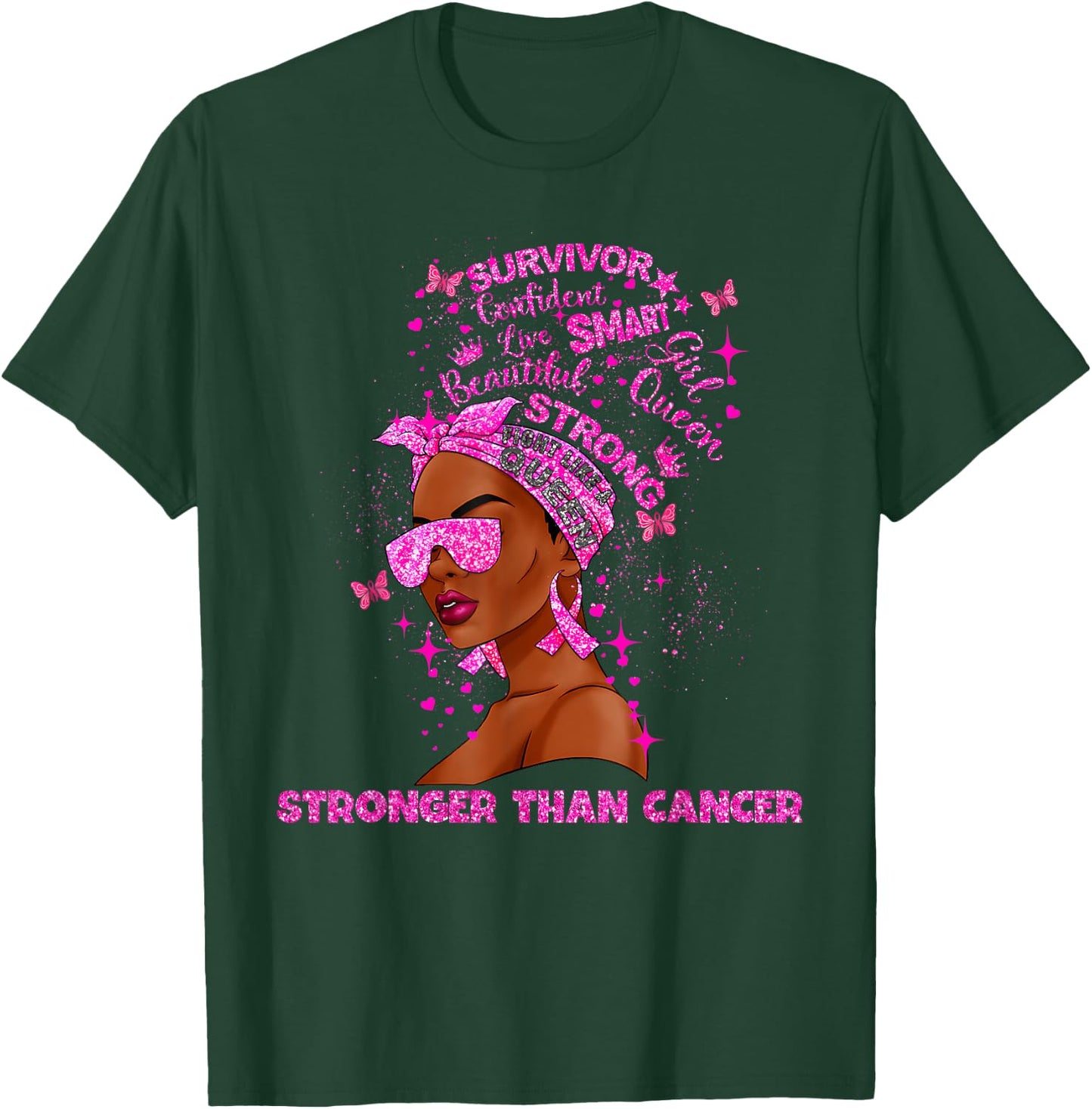 Black Women Queen Stronger Than Breast Cancer Pink Ribbon T-Shirt - T-Shirt | Forest