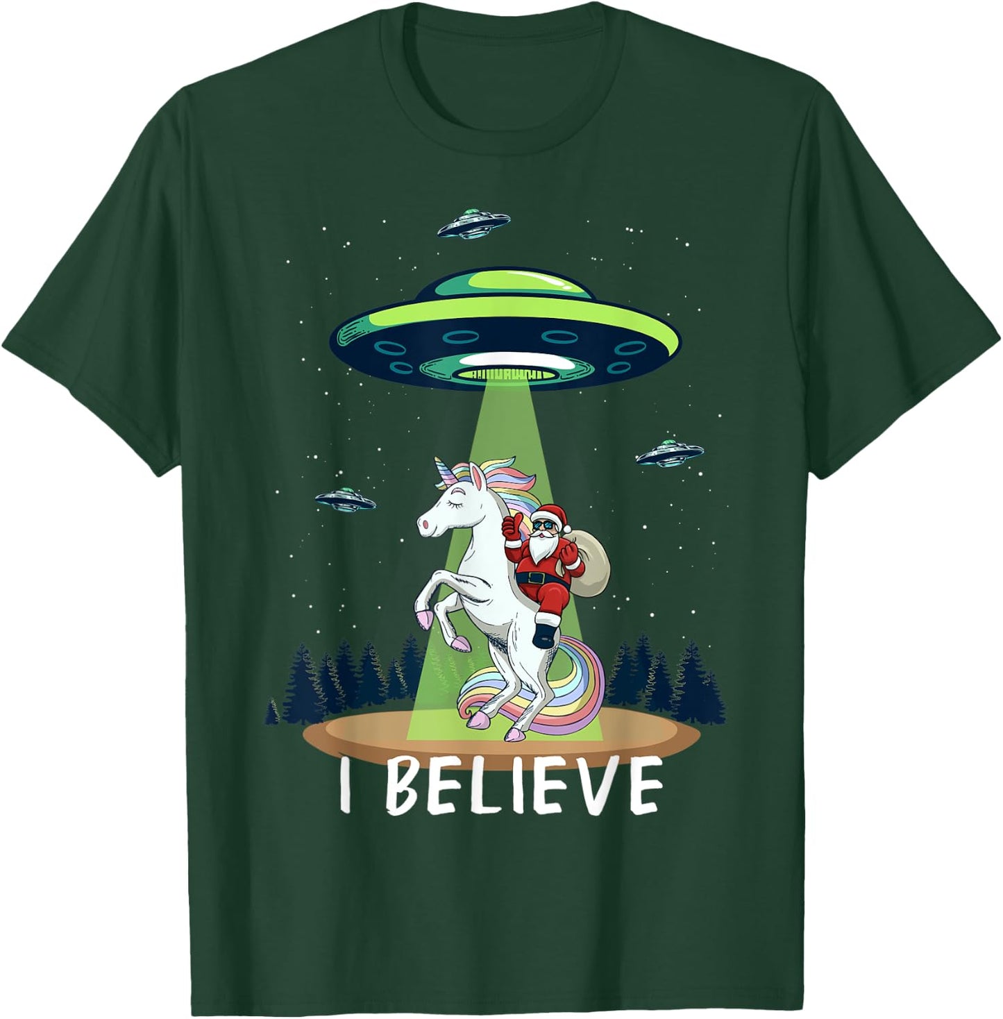 Santa Claus Riding Unicorn Alien space UFO Christmas Design T-Shirt - T-Shirt | Forest