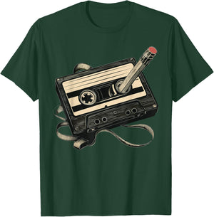 Retro Cassette Tape with Pencil Rewind T-Shirt - T-Shirt | Forest