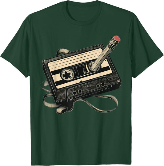 Retro Cassette Tape with Pencil Rewind T-Shirt - T-Shirt | Forest