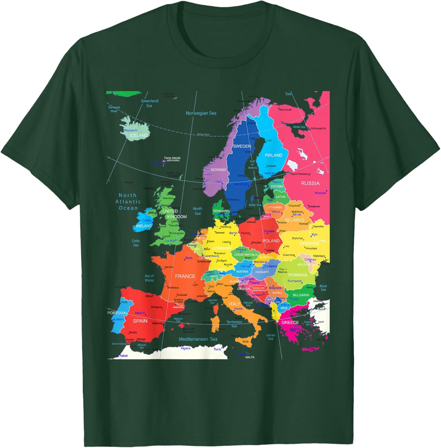 Map of Europe with Border, Countries, Capitals, Large Cities T-Shirt - T-Shirt | Forest
