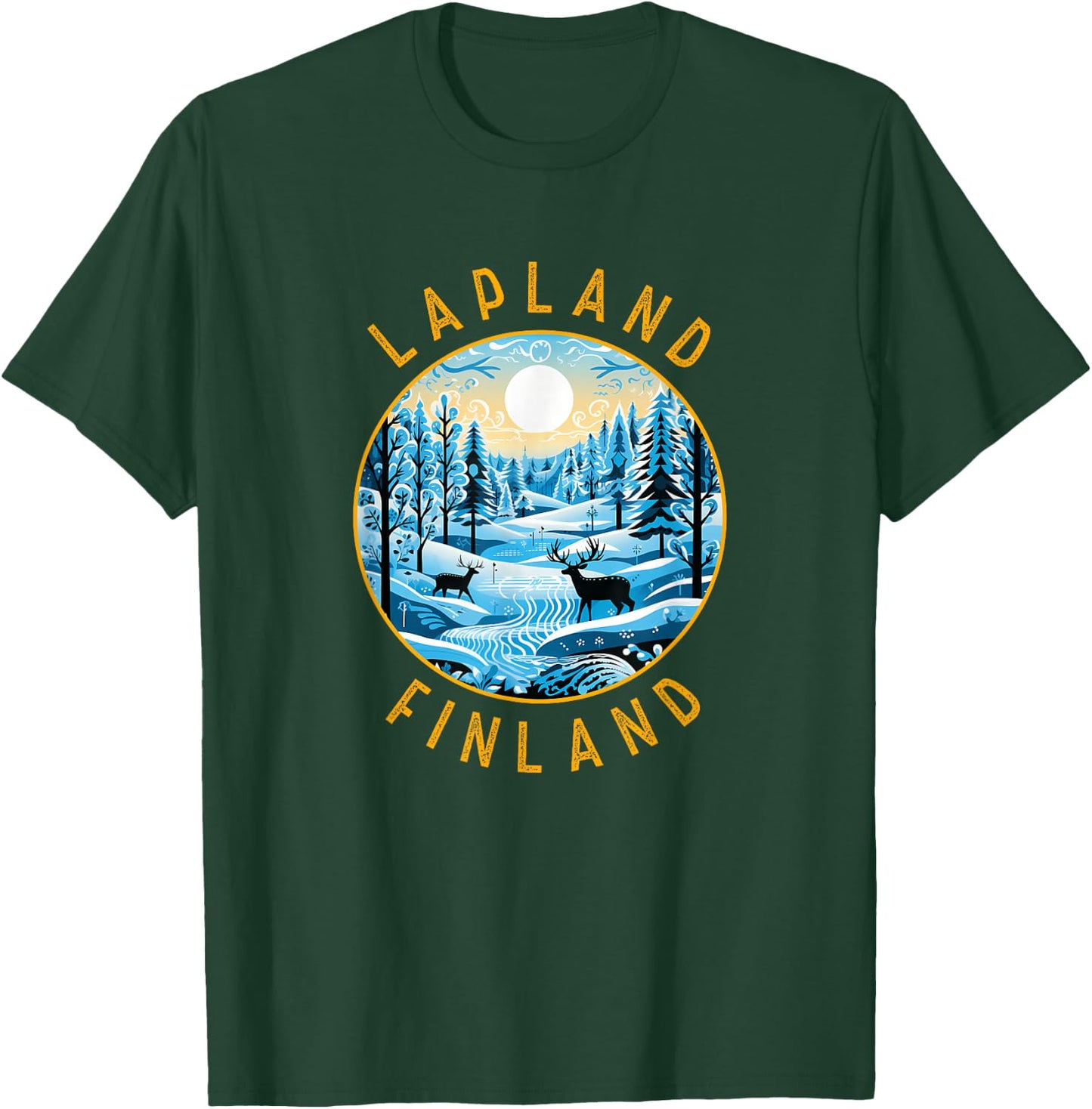 Lapland Finland Deer Retro Distressed Circle T-Shirt - T-Shirt | Forest