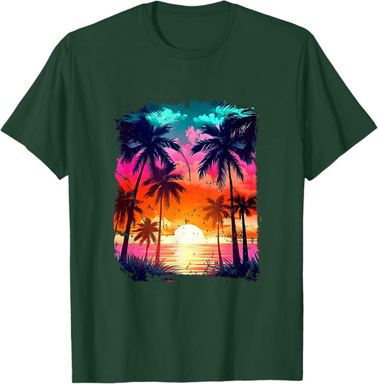 Orange and Aqua Sunset with Silhouetted Palm a Trees Beach T-Shirt - T-Shirt | Forest