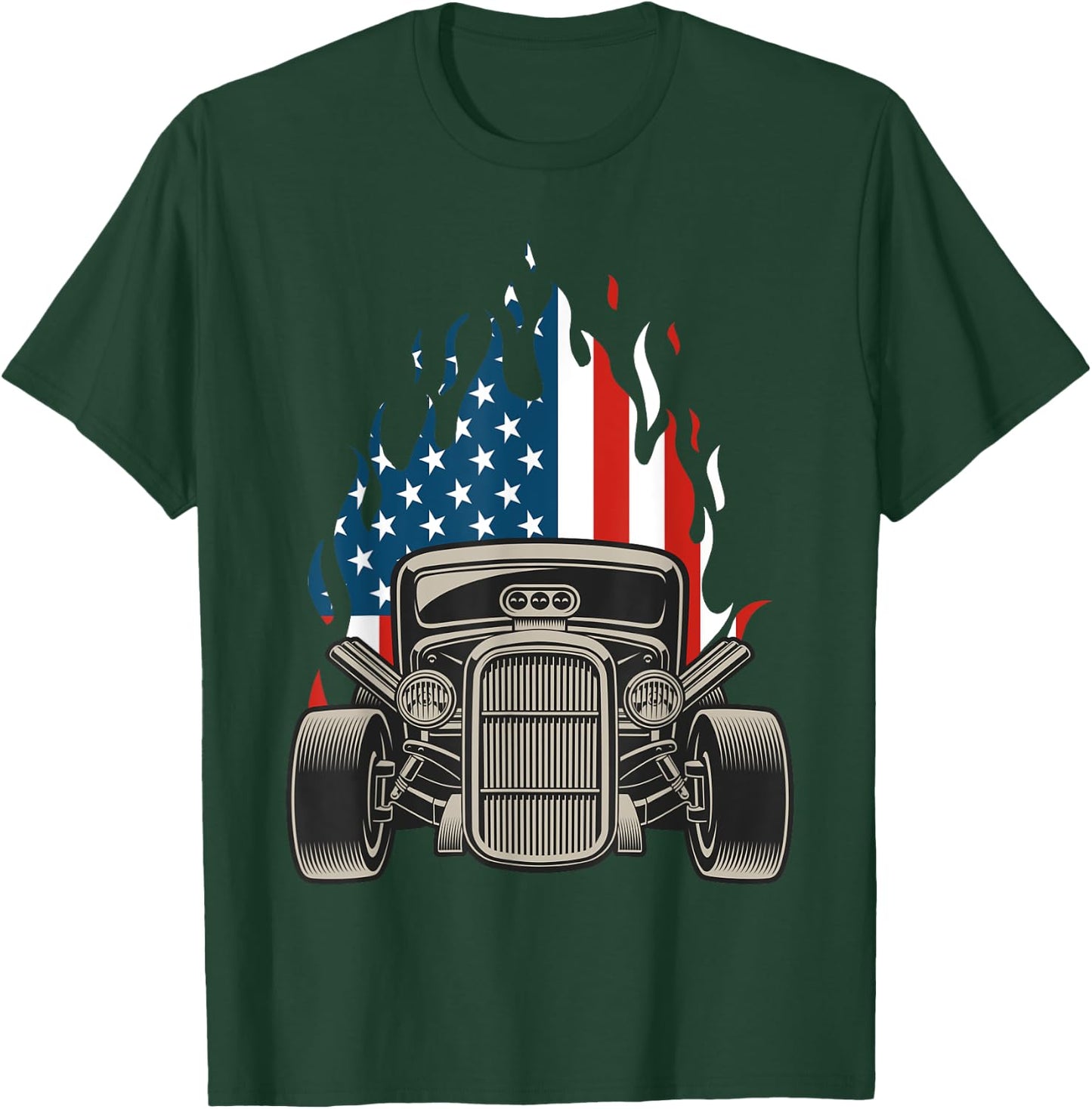 American Flag Vintage Hot Rod Veteran Memorial Day July 4 T-Shirt - T-Shirt | Forest
