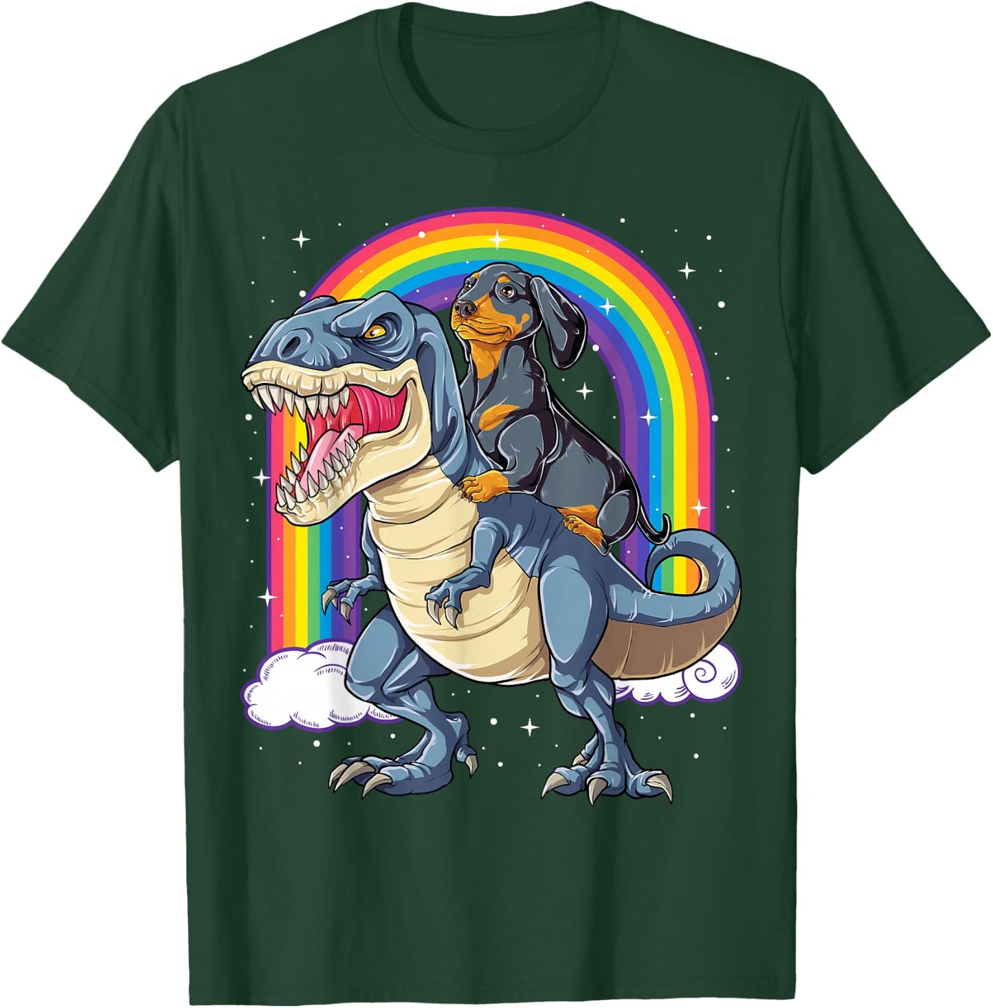 Dachshund Riding Dinosaur T-rex Gifts Boys Kids Men Rainbow T-Shirt - T-Shirt | Forest