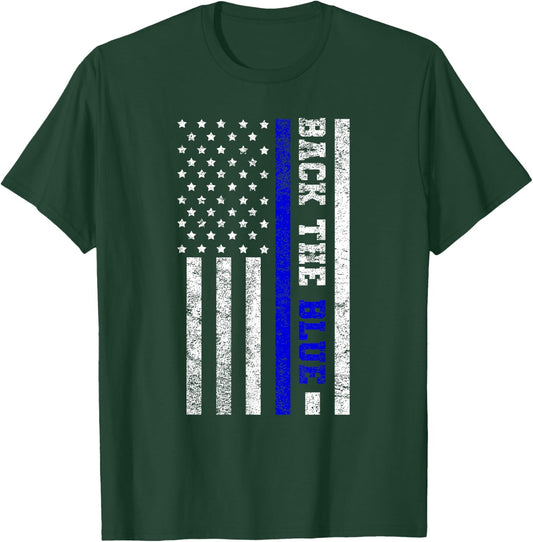 Back The Blue USA Flag Blue Line United States Police Gift T-Shirt - T-Shirt | Forest
