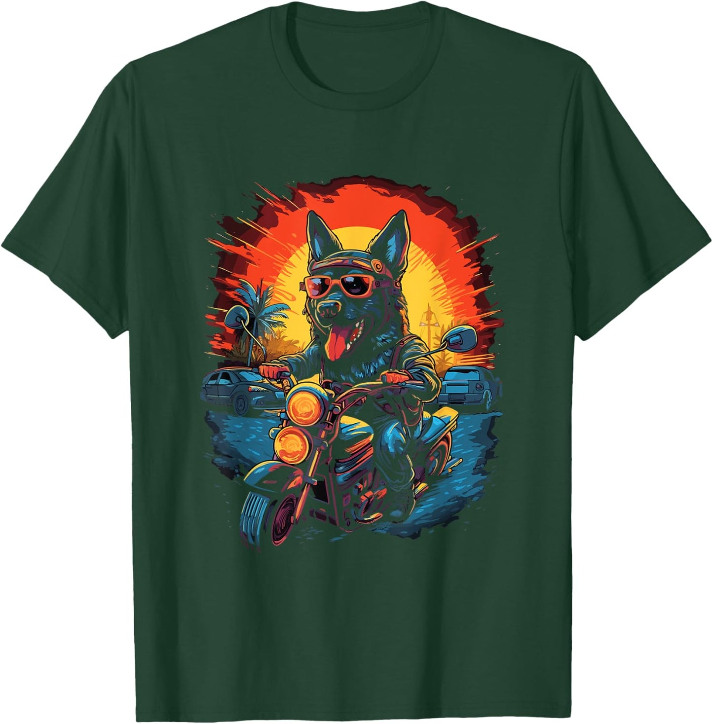 A German Shepherd dog riding a motorcycle T-Shirt - T-Shirt | Forest