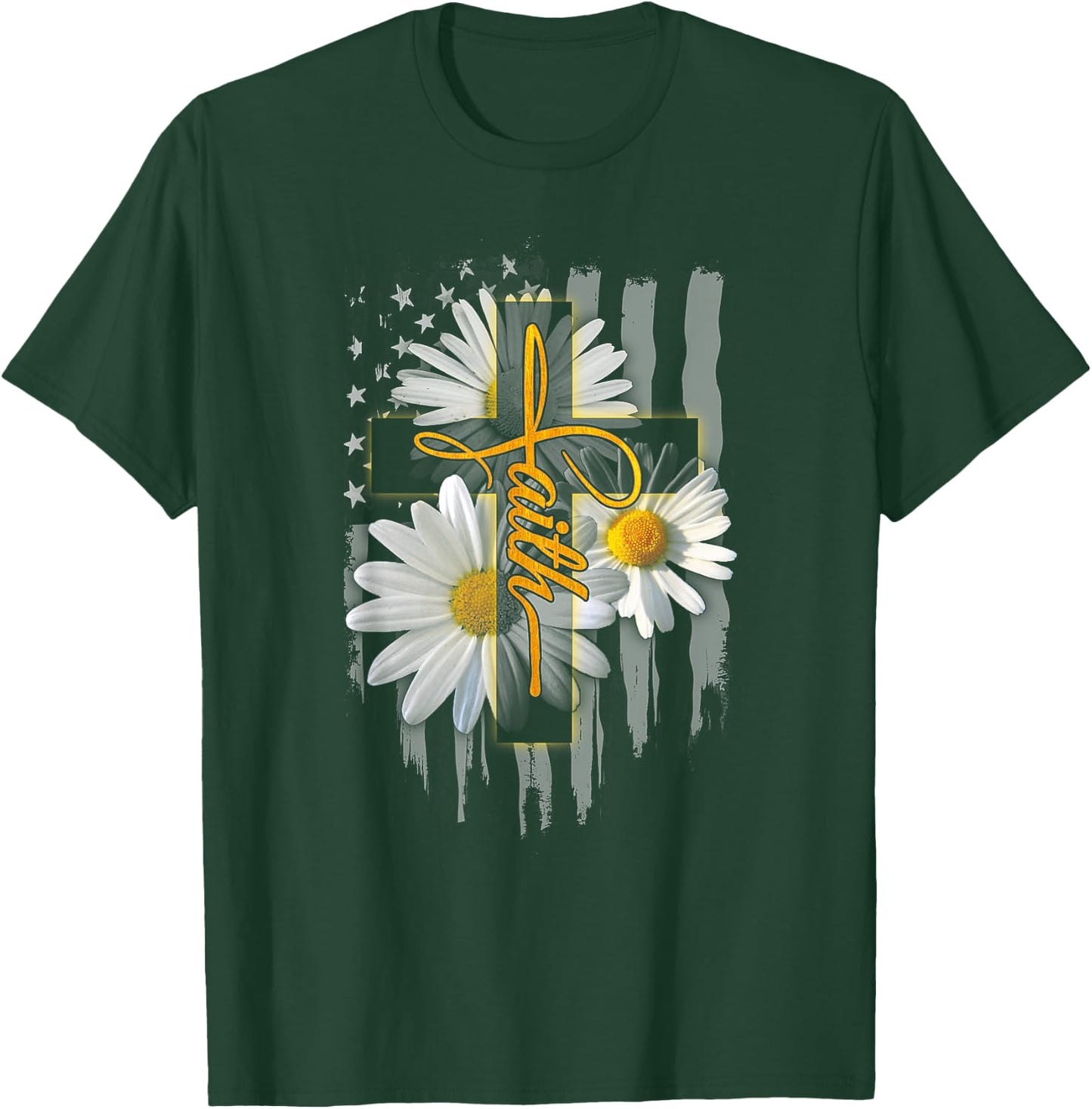 Faith Cross Casual Cross Daisy US Flag Floral T-Shirt - T-Shirt | Forest
