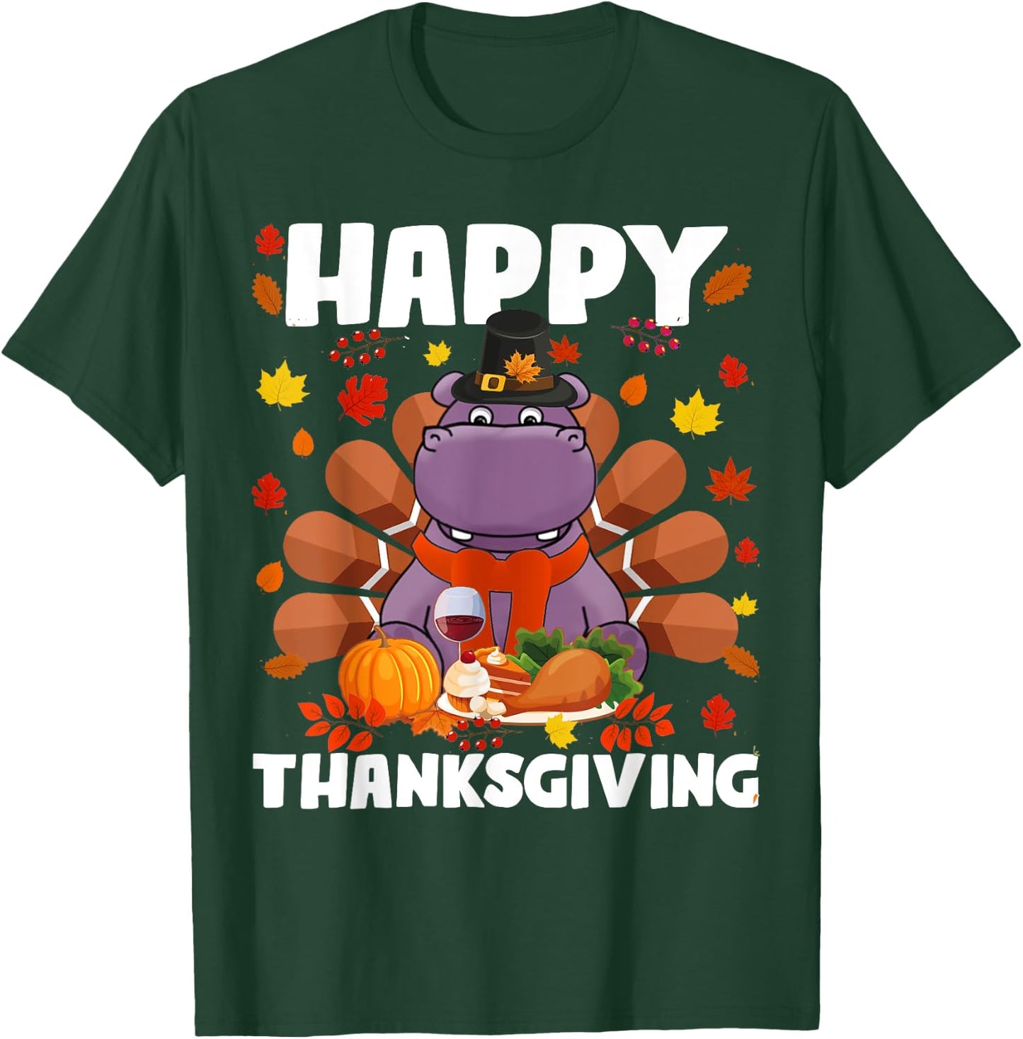 Happy Thanksgiving Funny Hippo Turkey Autumn Hippo Lover T-Shirt - T-Shirt | Forest