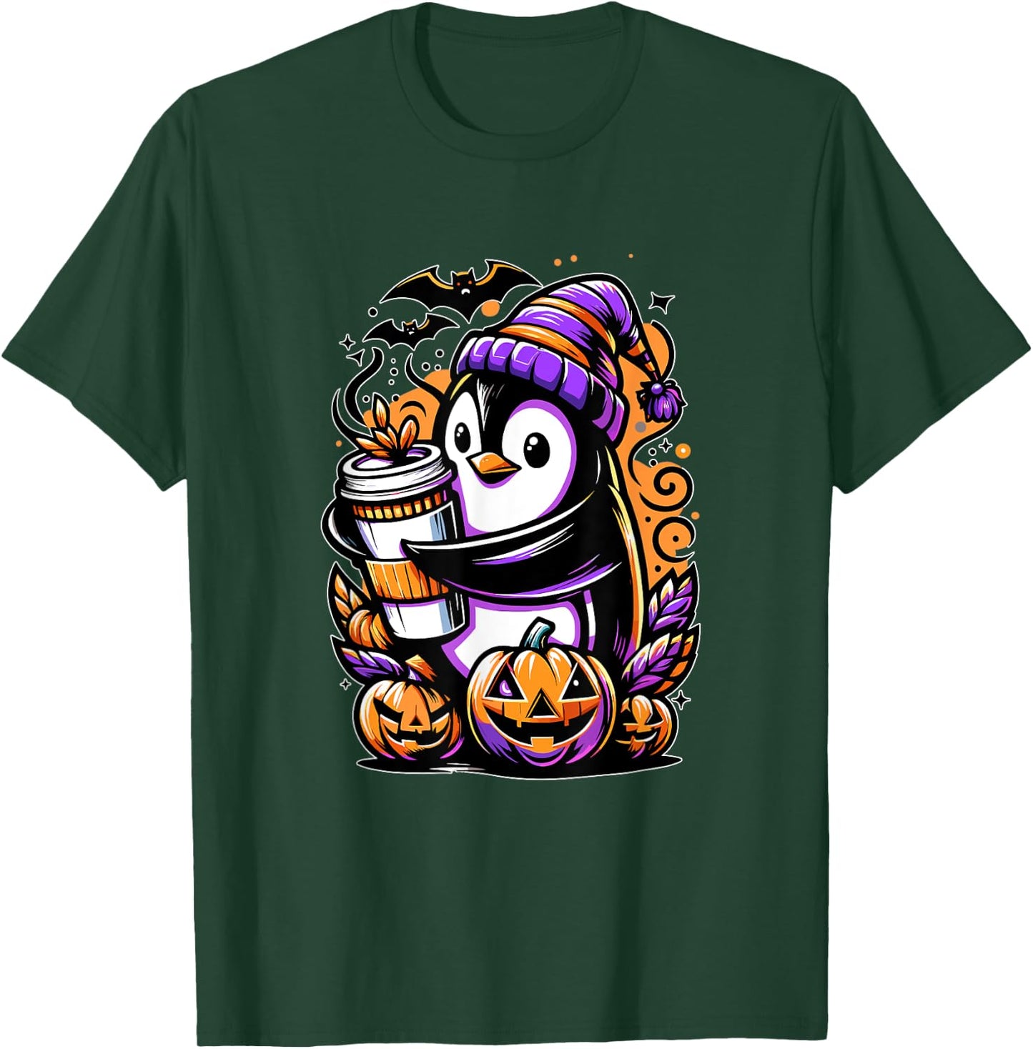 Penguin Coffee Halloween Pumpkin Cute Funny Penguin T-Shirt - T-Shirt | Forest