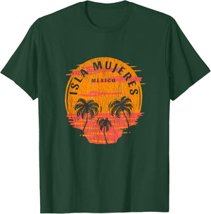 Retro Isla Mujeres Mexico Palm Trees Sunset Skull Beach T-Shirt - T-Shirt | Forest