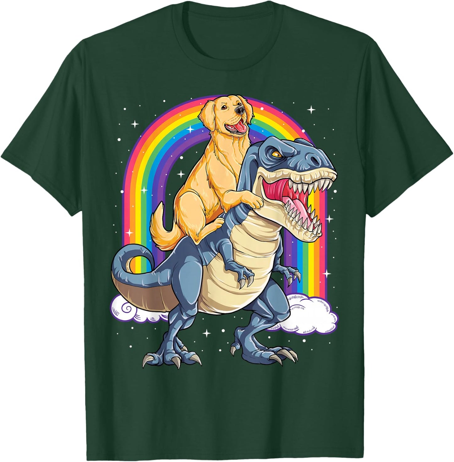 Golden Retriever Riding Dinosaur T rex Gifts Boys Rainbow Small T-Shirt - T-Shirt | Forest