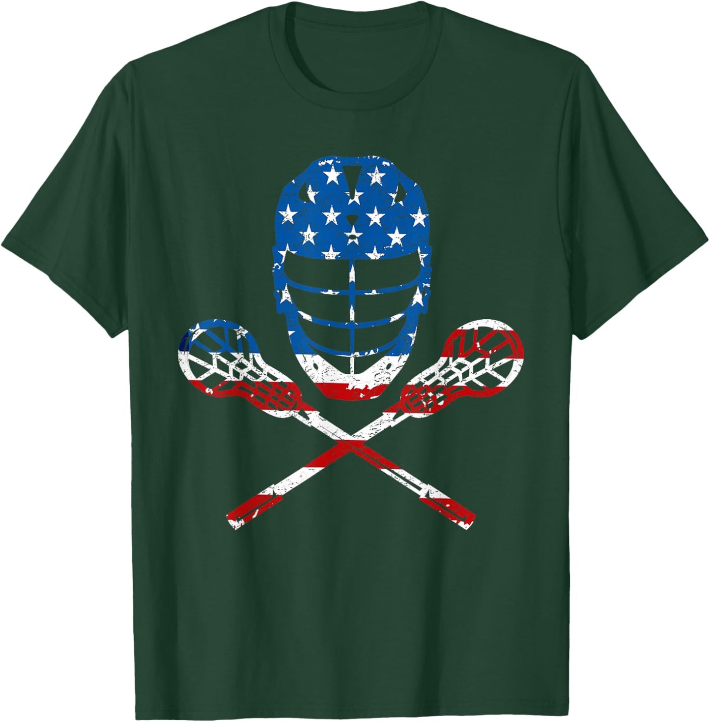 Lacrosse American Flag Lax Helmet Sticks 4th of July Gifts T-Shirt - T-Shirt | Forest