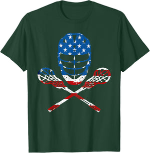 Lacrosse American Flag Lax Helmet Sticks 4th of July Gifts T-Shirt - T-Shirt | Forest
