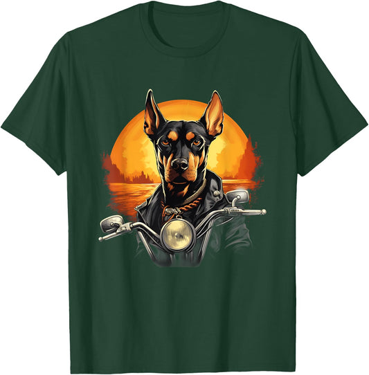Biker Doberman Pinscher Dog Riding Motorcycle T-Shirt - T-Shirt | Forest